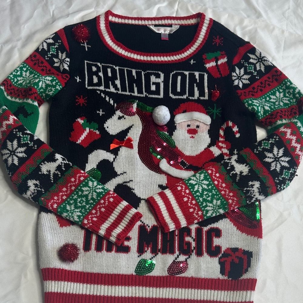 Festive Christmas Sweater with Santa and Unicorn Design